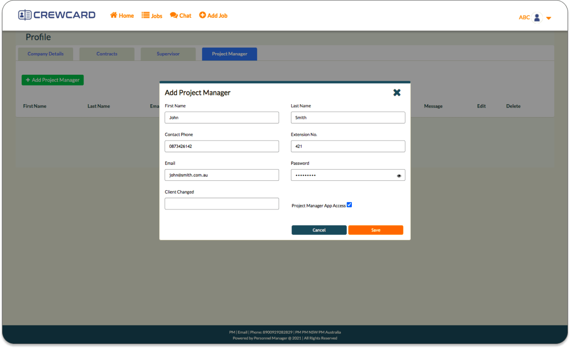 Clients can add their own Project Manager to CrewCard for future use. 