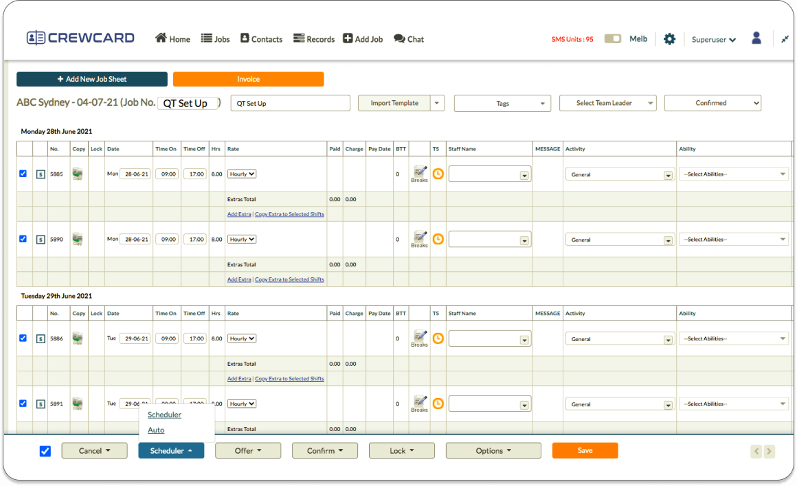 Job Sheets are automatically created when a job is added. Here you can quickly fill in shifts and finalise details.