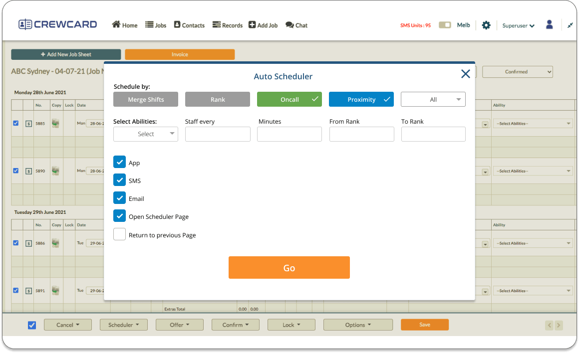 The Auto Scheduler automatically sends offers to qualified crew members. Similar to the Manual Scheduler, this allows you to use Rank, On Call, Proximity and Merge Shift options. 