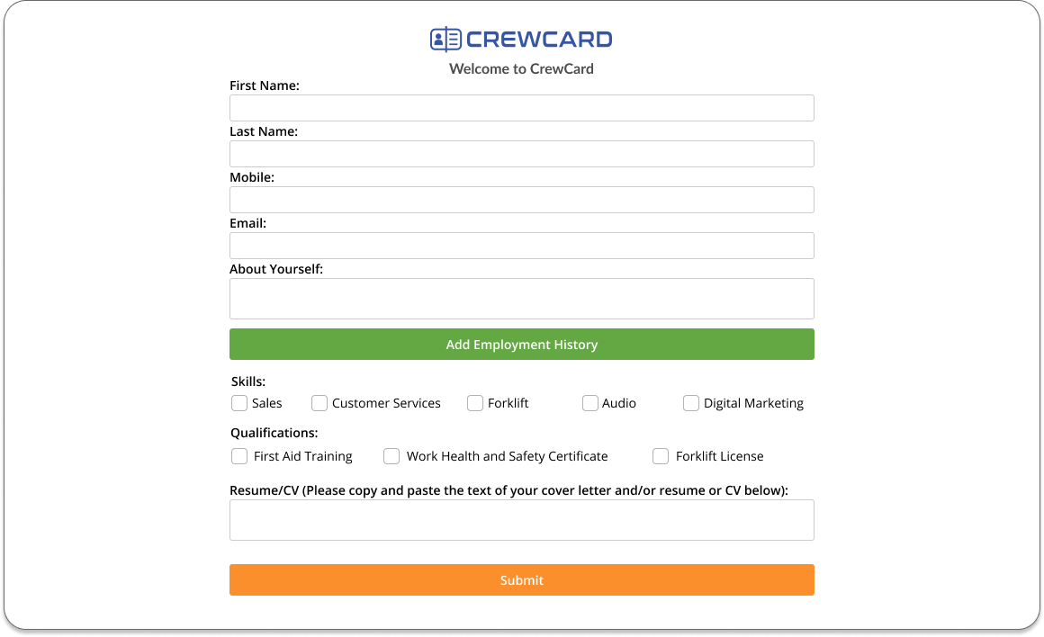 CrewCard makes hiring easier. Allow new staff to work for your company by sharing the sign up page. This recruiting page is customised for each client, allowing you to receive all of the information required. 
