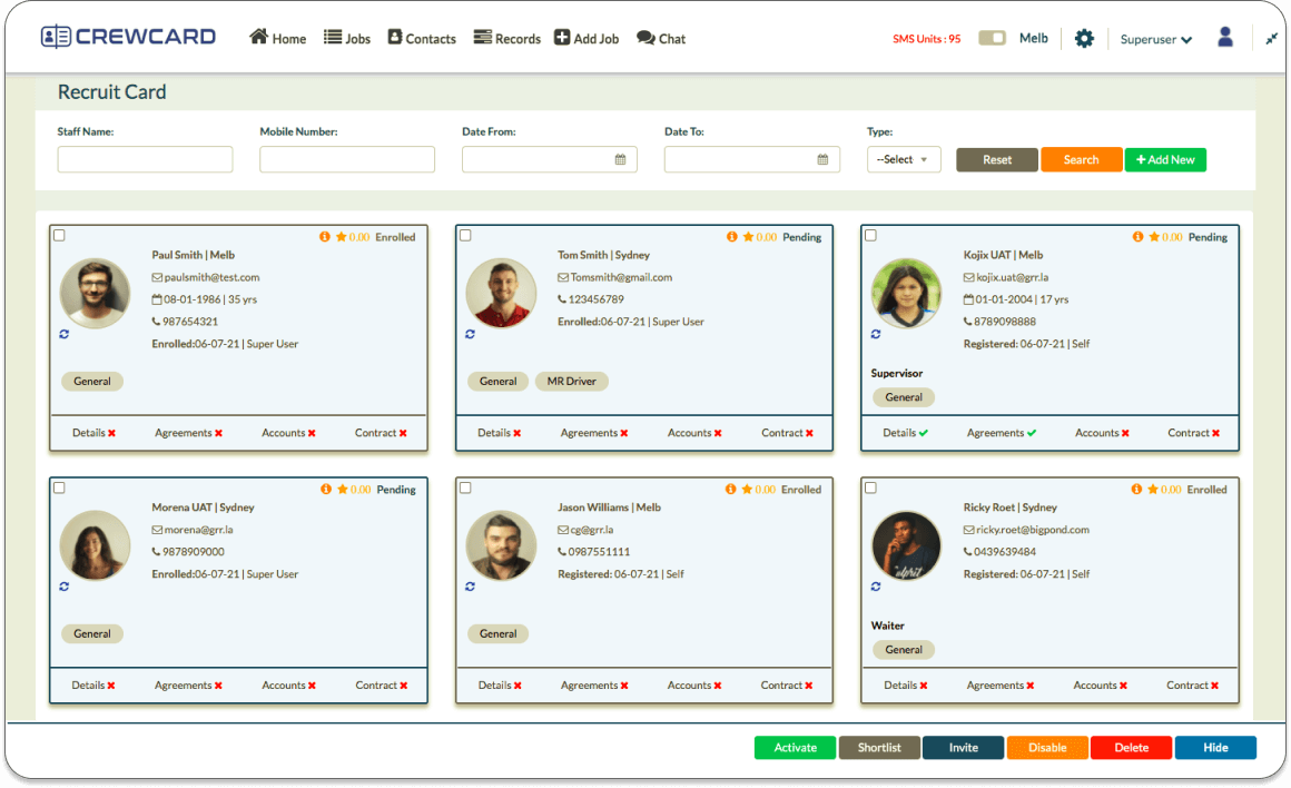 CrewCard automatically creates a recruit card for each individual. Here you can quickly look through location and contact information and see where they are up to in the recruitment process.