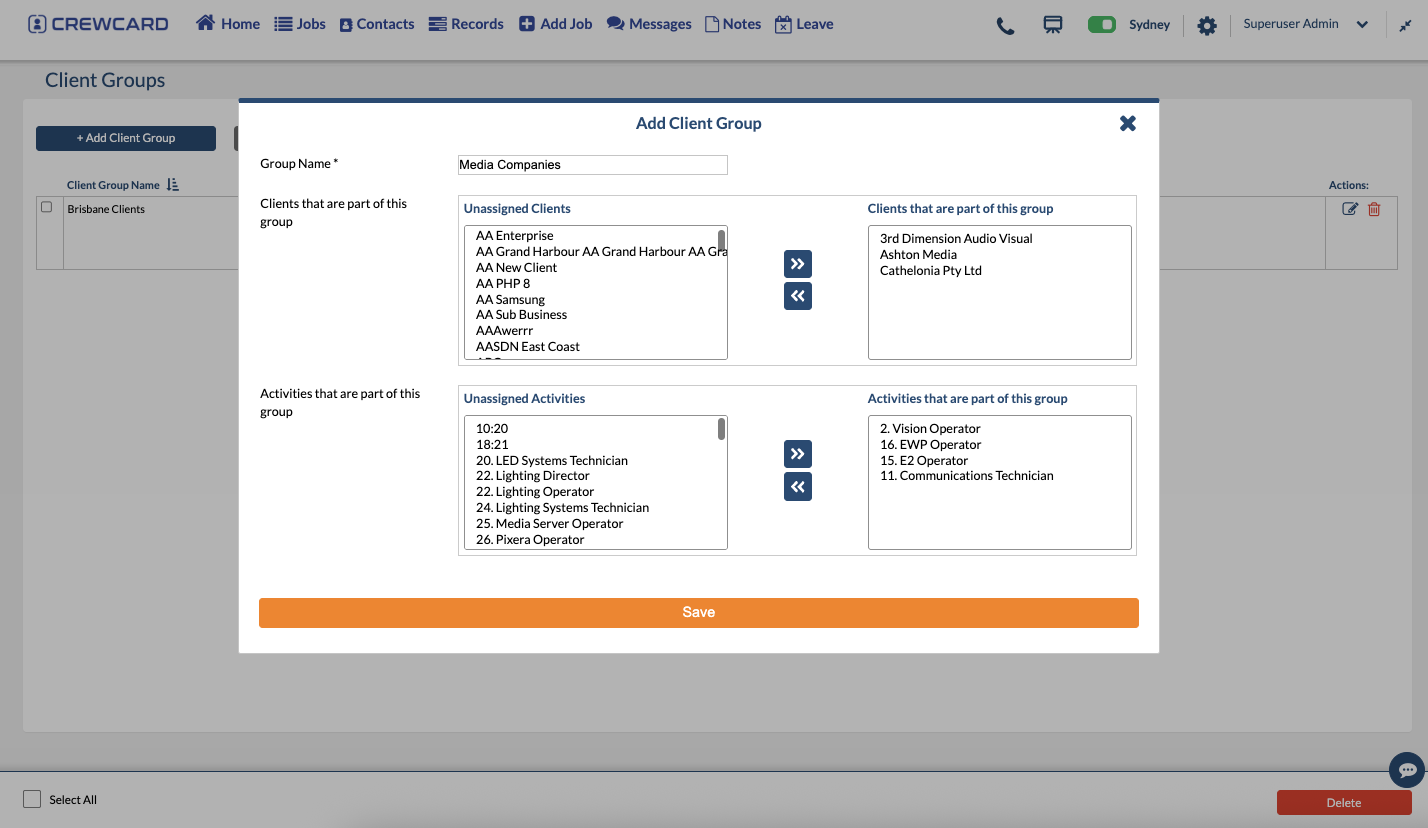 CrewCard admin portal client groups page