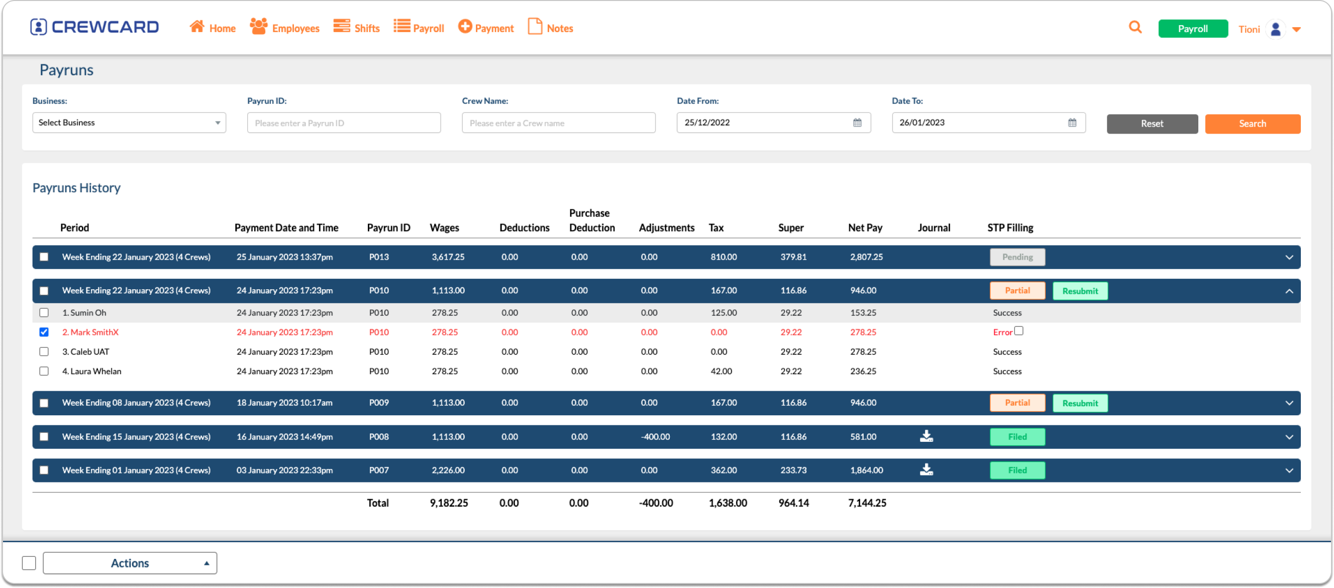 CrewCard Pay Run interface preview