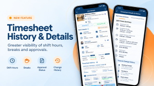 Timesheet History in CrewCard App showing shift hours, breaks, approval status and change history