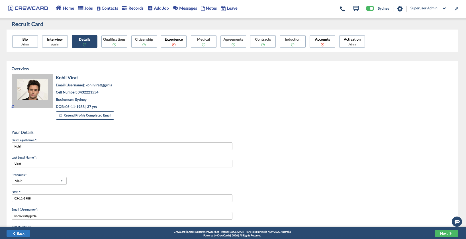 Construction worker onboarding in CrewCard showing the Recruit Card onboarding page