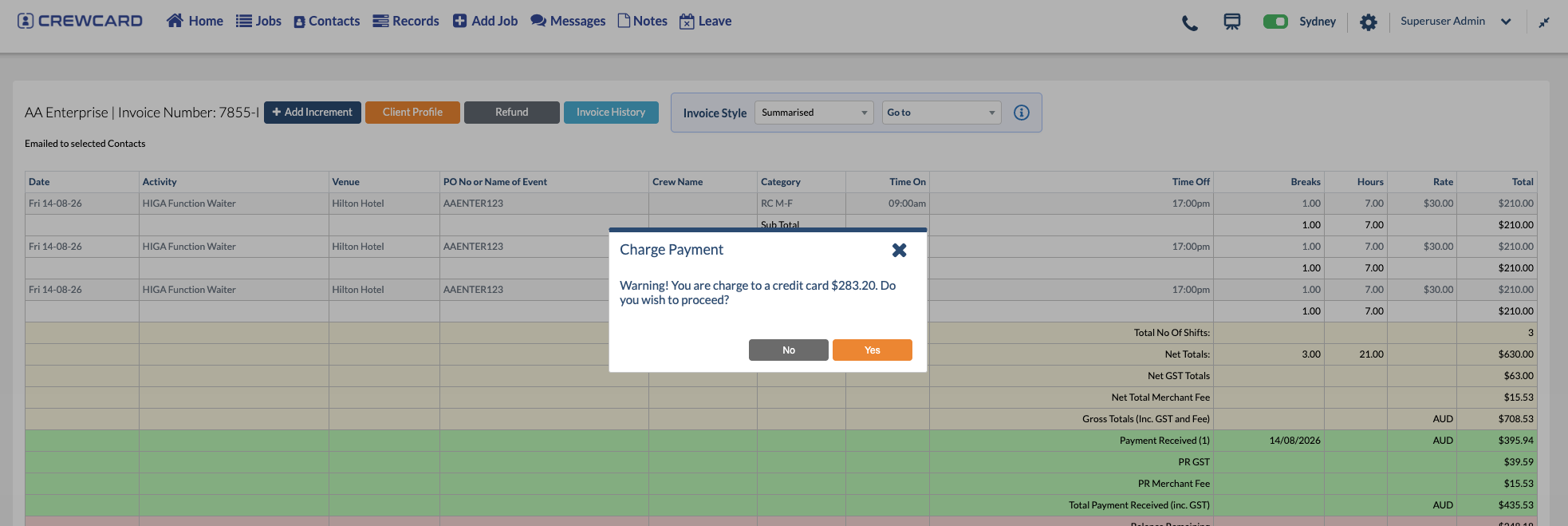 CrewCard client payment screen for charging a client