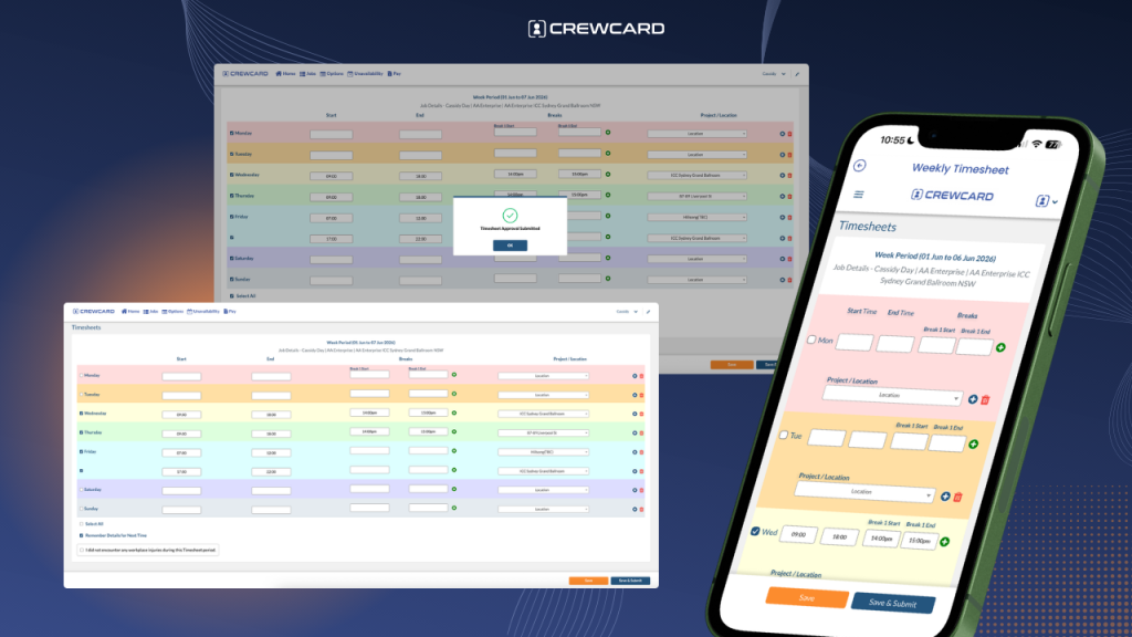 CrewCard weekly labour hire timesheet showing worker hours and breaks