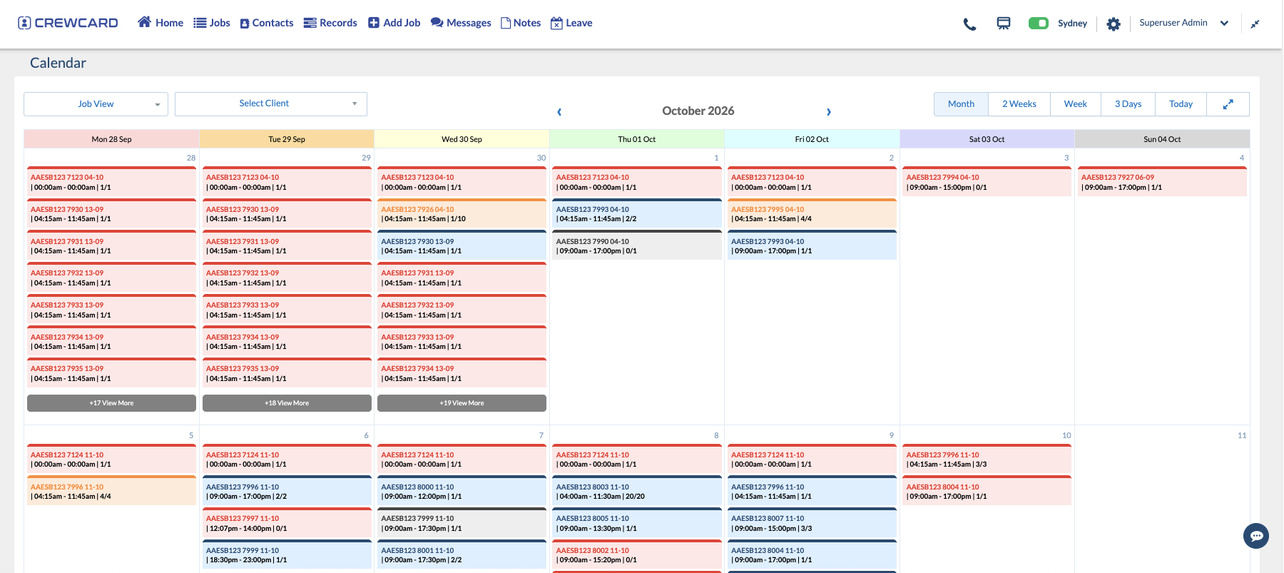 CrewCard Calendar page showing scheduled crew shifts for reviewing roster assignments and last-minute changes